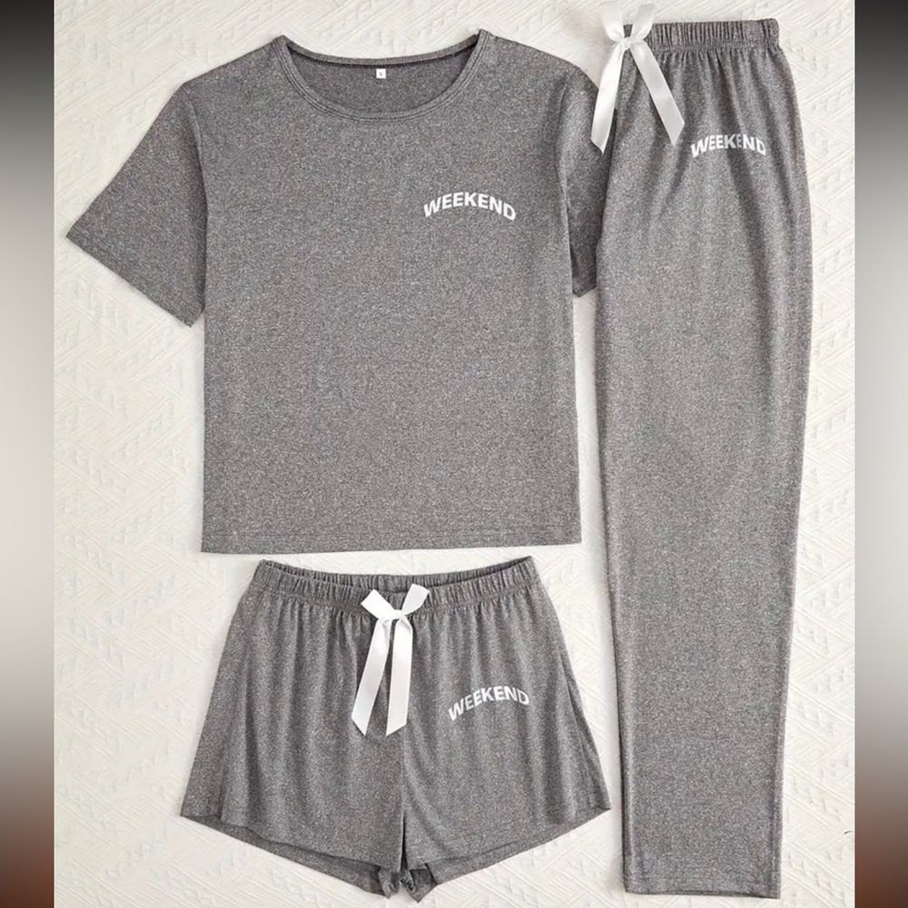 NEW 3-Piece Loungewear, PJ Set, Top, Shorts & Pants w/ WEEKEND" Print L - Picture 2 of 5